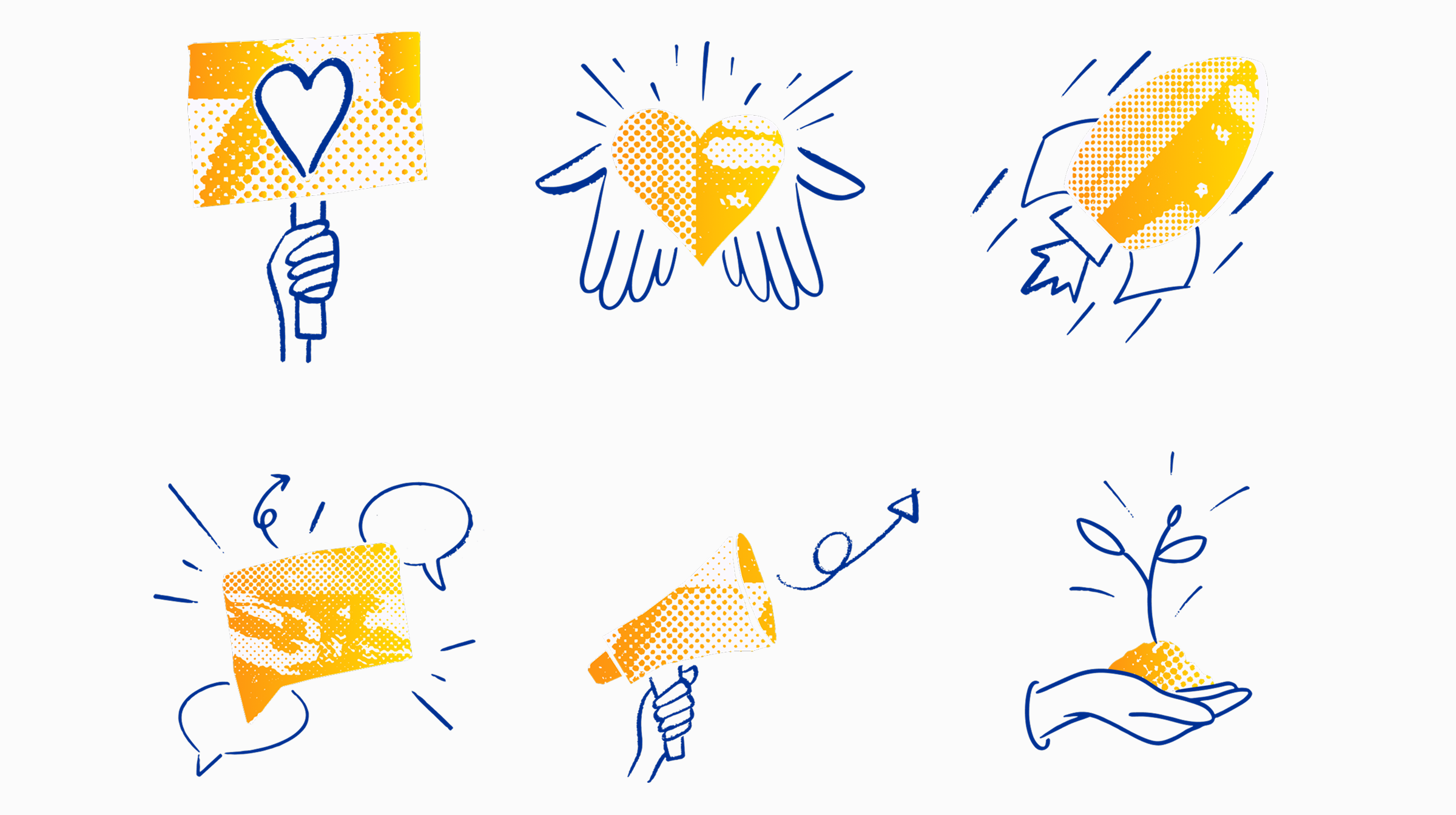 Spot illustrations combining print textures and hand-drawn marks