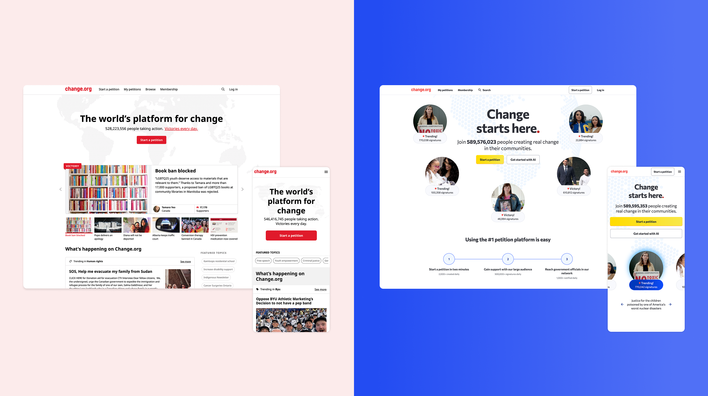 Change.org homepage in the new Sunrise design system