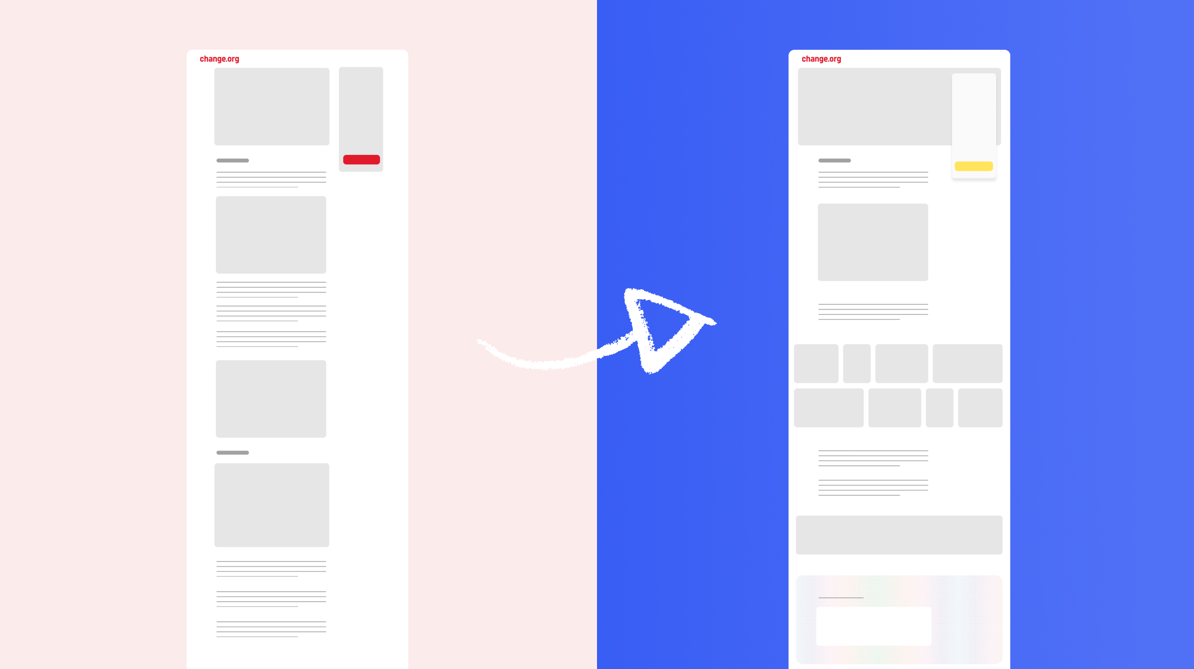Wireframe comparing the old and new page layouts