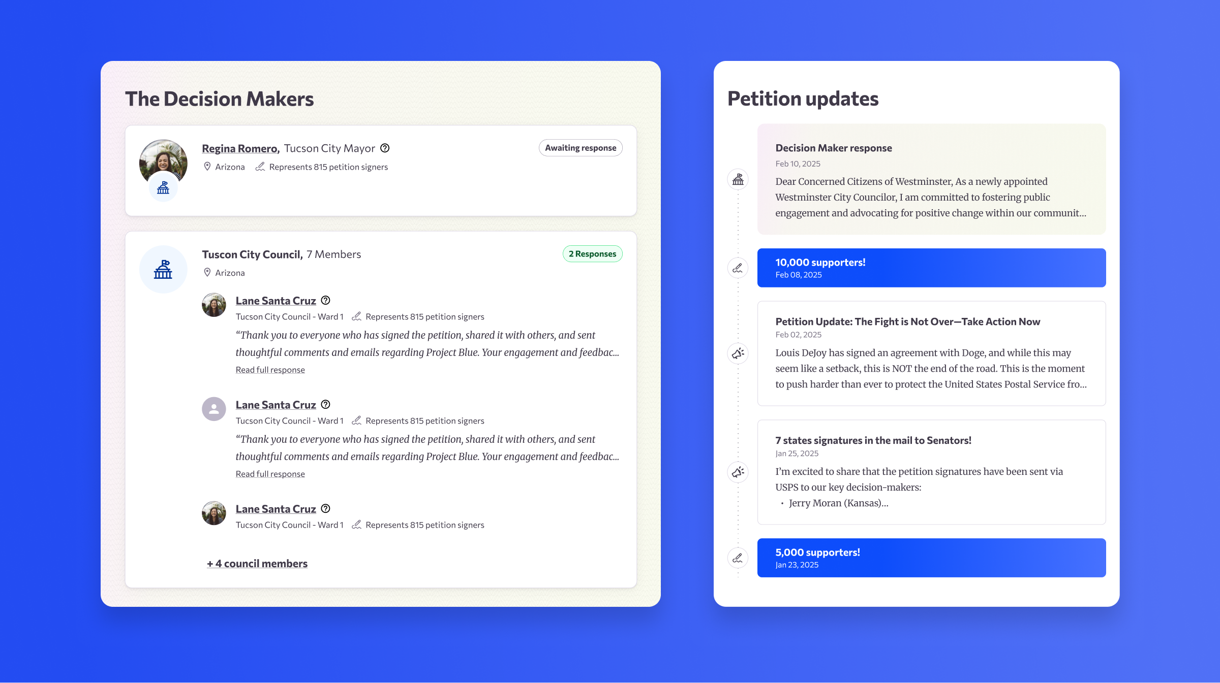Petition updates and direct message sections