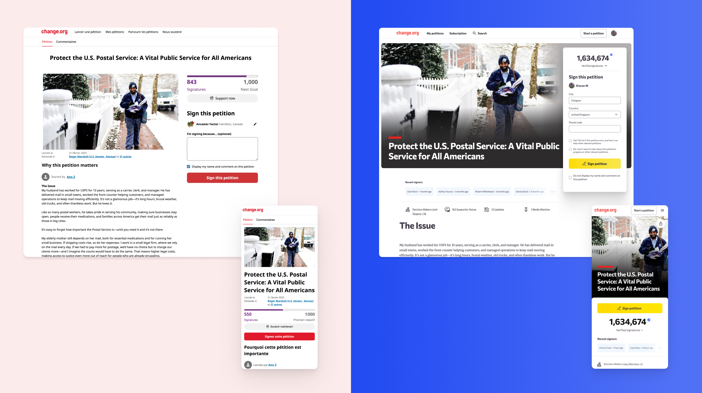 Comparison of the old and new petition page top section