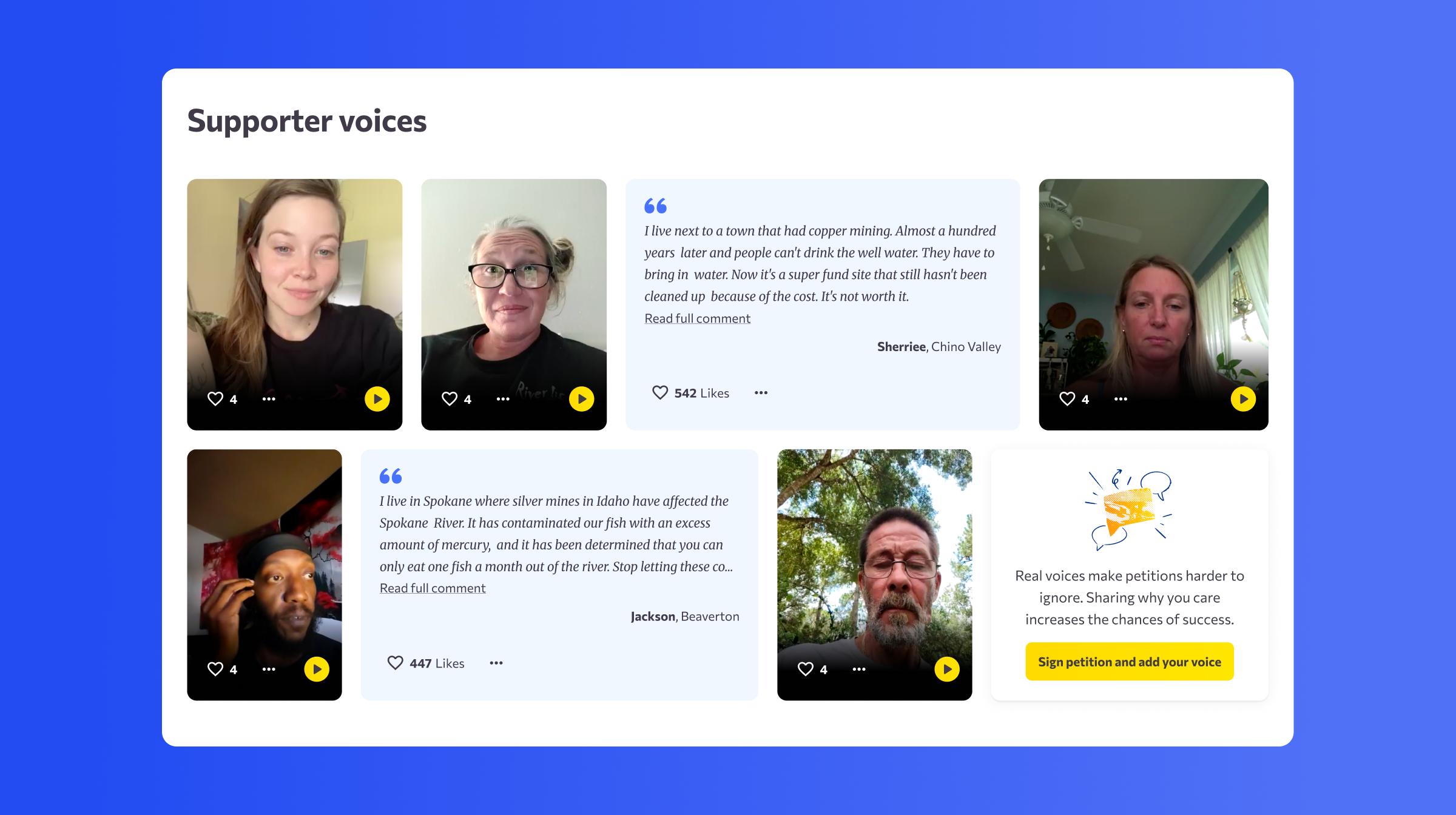 Supporter Voices component showing user-generated video and comments