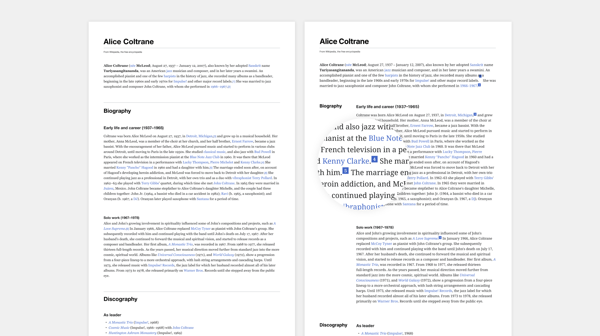 Typography explorations including hanging headings and boxed footnotes